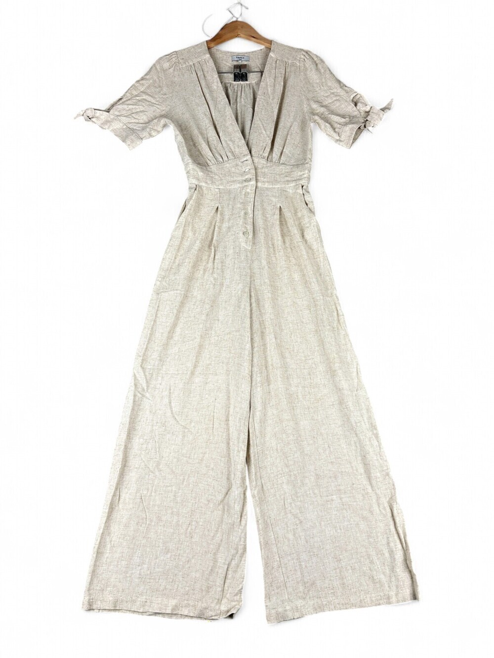 FRNCH Linen-Blend Wide-Leg Jumpsuit Sz S V-Neck Tie Sleeves